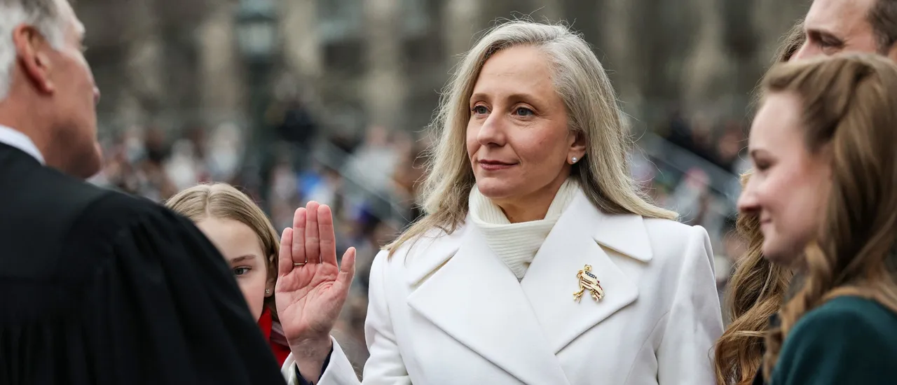 RICHMOND, VIRGINIA - JANUARY 17: Virginia Governor Abigail Spanberger is sworn into office by the Honorable William Mims, Senior Justice of the Supreme Court of Virginia, at the Virginia State Capitol January 17, 2026 in Richmond, Virginia. Spanberger is the first woman elected to the Commonwealth of Virginia’s highest office. (Photo by Win McNamee/Getty Images)