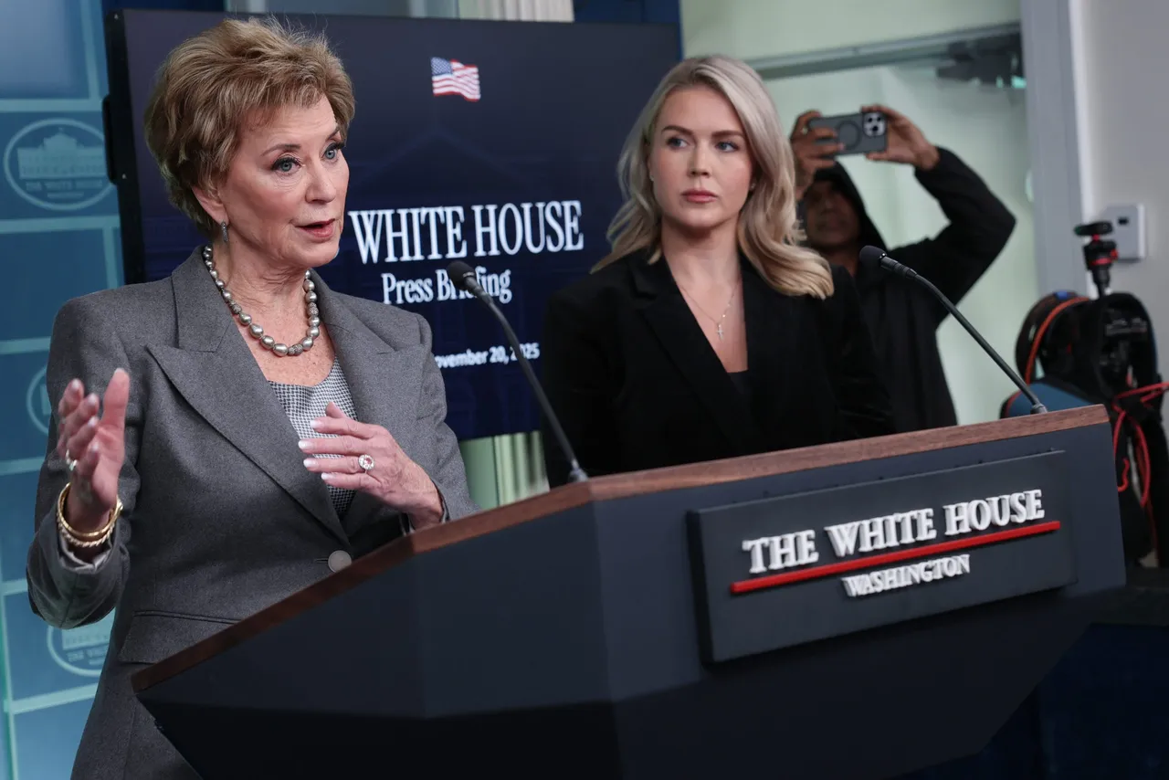 Secretary of Education Linda McMahon (L) speaks during a White House press briefing with White House Press Secretary Karoline Leavitt (R) on November 20, 2025 in Washington, DC. McMahon addressed questions related to a recent initiative by the Trump administration to largely dismantle the Department of Education, moving many of its operations to other U.S. government agencies. (Photo by Win McNamee/Getty Images)