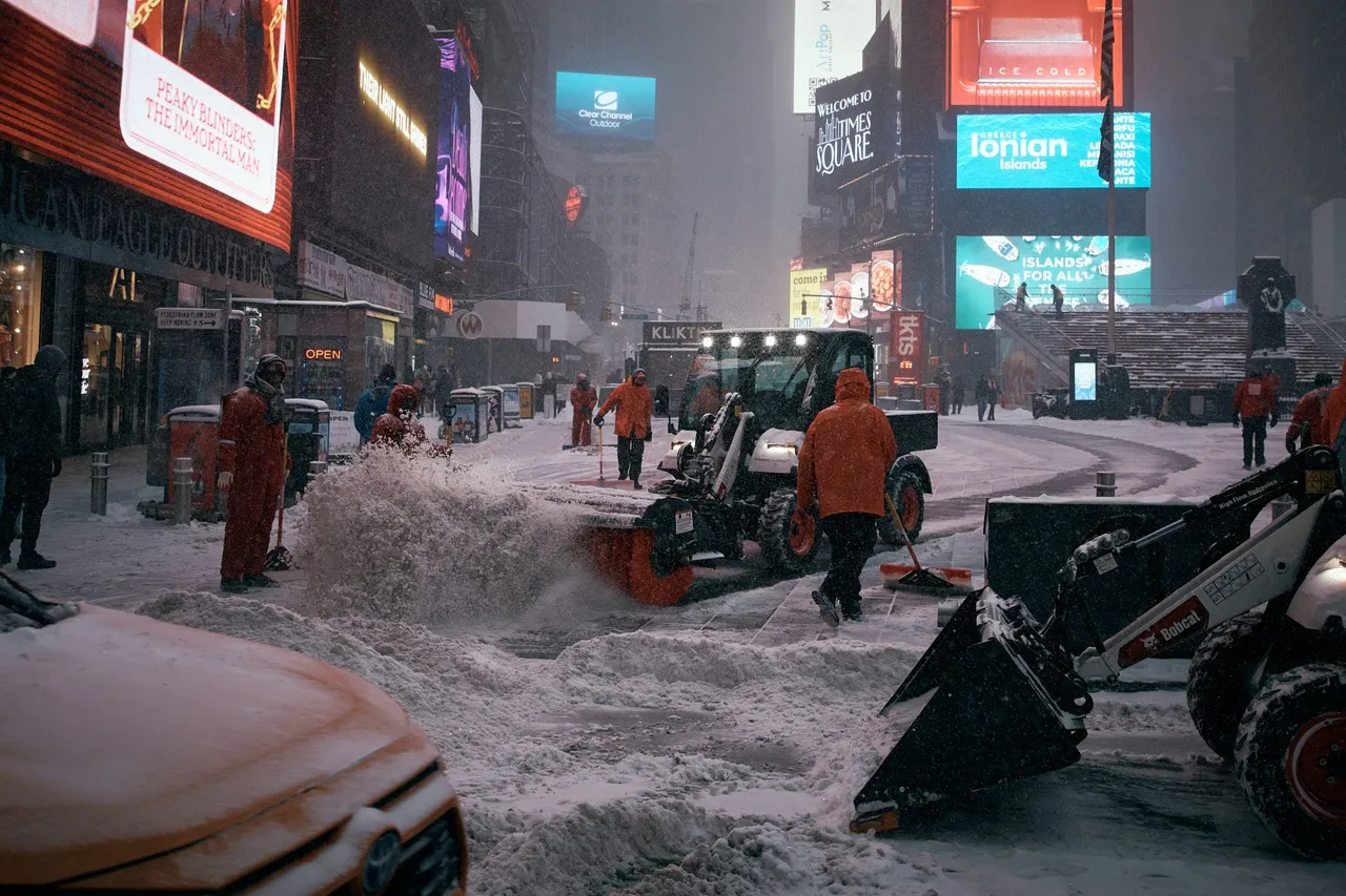 Workers clear Times Square of snow during a snowstorm on January 25, 2026 in New York City. (Photo by Andres Kudacki via Getty Images)