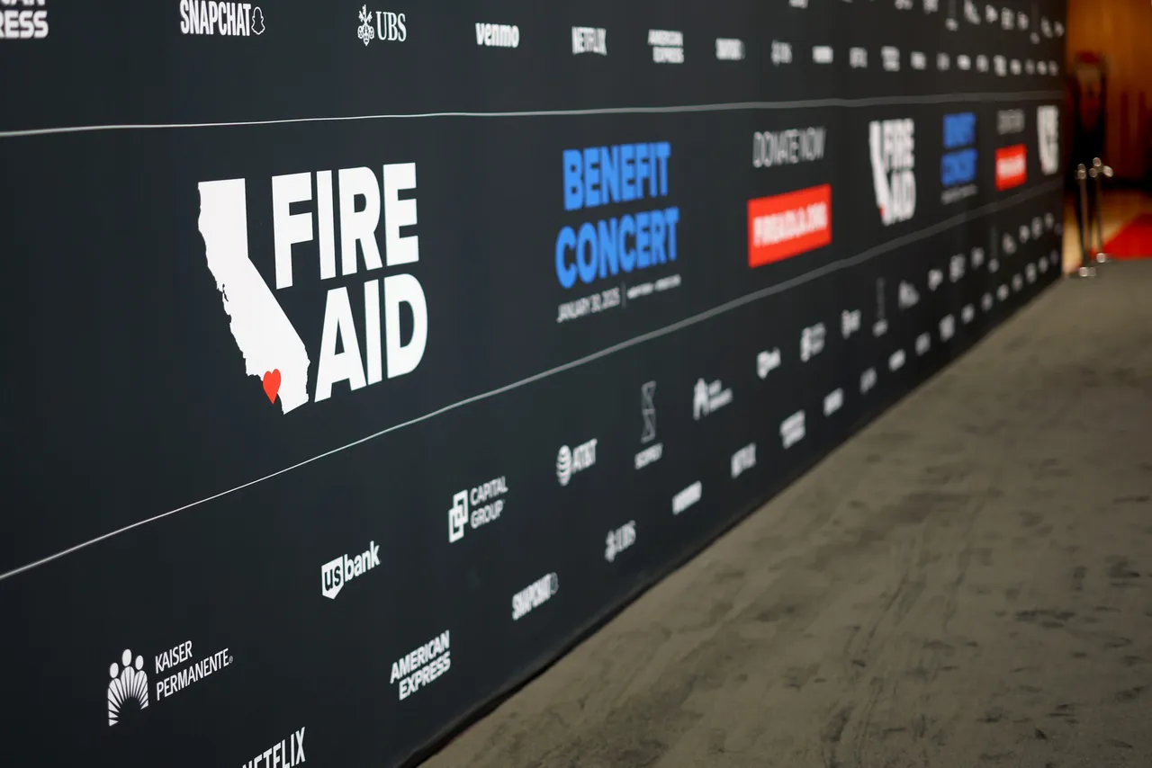 FIREAID Benefit Concert branding is displayed during the FIREAID Benefit Concert for California Fire Relief at Intuit Dome on January 30, 2025 in Inglewood, California. (Photo by Matt Winkelmeyer/Getty Images for FIREAID)