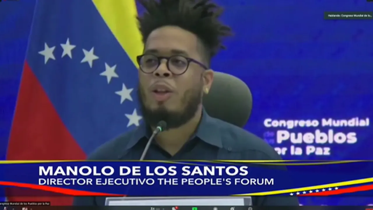 People's Forum Executive Director Manolo De Los Santos speaks at the People's World Congress for Peace in Caracas, Venezuela, on Dec. 10, 2021. (Image credit: X.com/@NicolasMaduro)