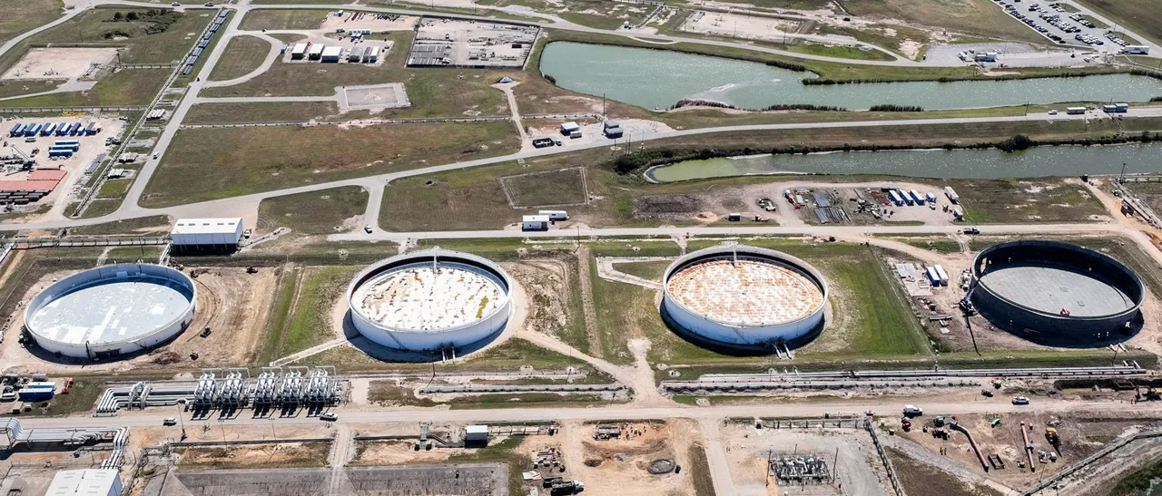 In an aerial view, the Strategic Petroleum Reserve storage at the Bryan Mound site is seen on October 19, 2022 in Freeport, Texas. (Photo by Brandon Bell/Getty Images)