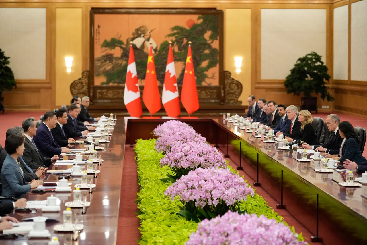 Chinese President Xi Jinping and Canada's Prime Minister Mark Carney attend a meeting at the Great Hall of the People in Beijing on January 16, 2026.