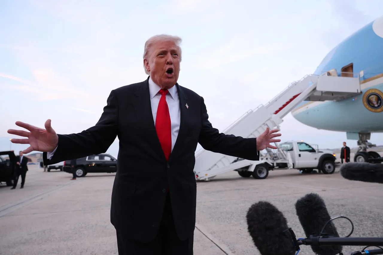 JOINT BASE ANDREWS, MARYLAND - NOVEMBER 09: U.S. President Donald Trump gives brief remarks to members of the press after exiting Air Force One on November 9, 2025 at Joint Base Andrews, Maryland. Trump spent the weekend at his Mar-A-Lago estate in Palm Beach, Florida. (Photo by Tasos Katopodis/Getty Images)
