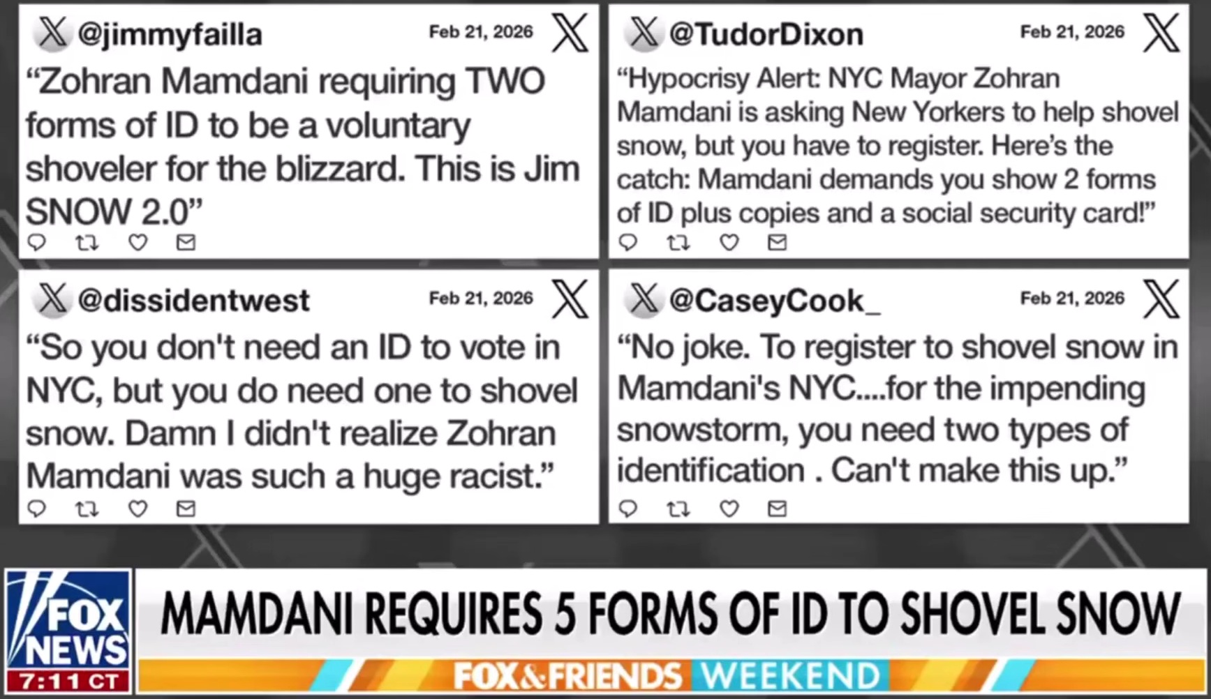 Tweets criticize ID requirement for NYC snow shoveling.