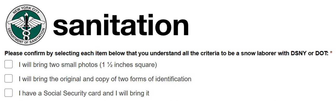 DSNY snow laborer criteria checklist and requirements.