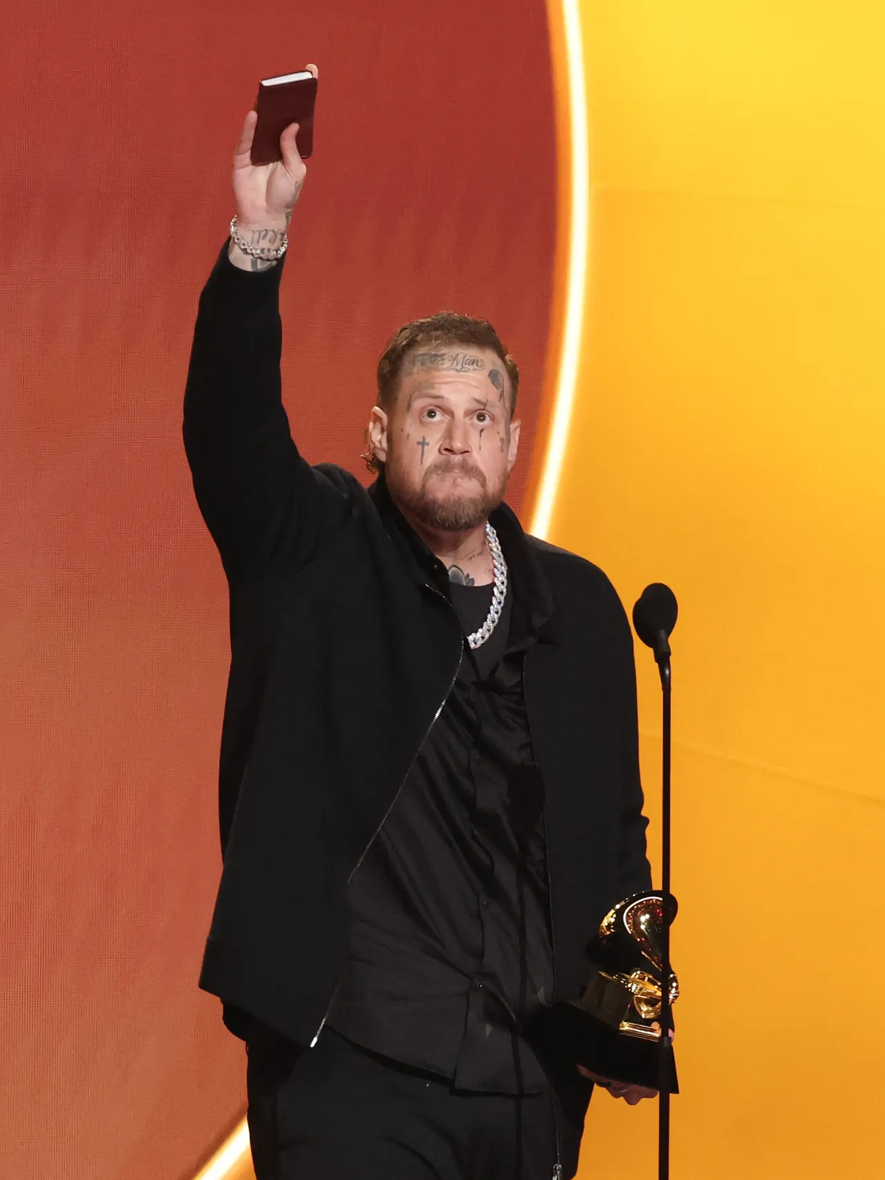 US rapper Jelly Roll accepts the award for Best Contemporary Country Album for 