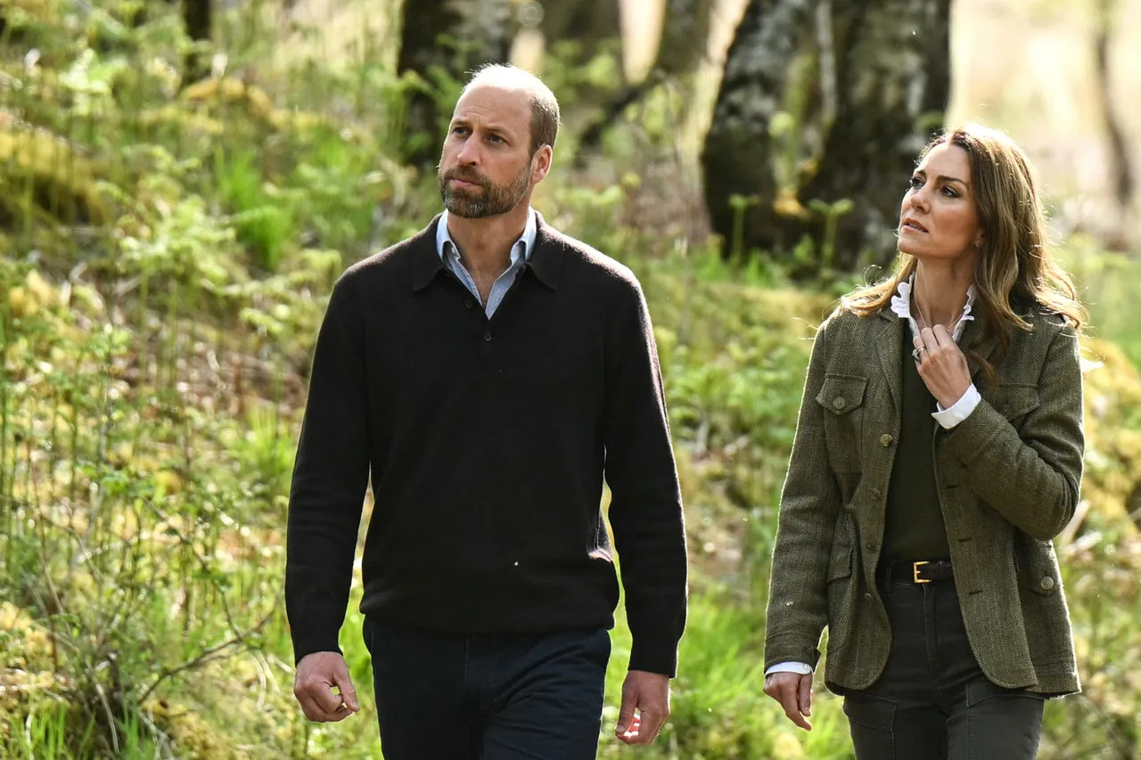TOPSHOT - Britain's Prince William, Prince of Wales (L) and Britain's Catherine, Princess of Wales take a walk in the Ardura Community Forest to highlight the importance of protecting and championing the natural environment, during a visit to the Isle of Mull, western Scotland on April 30, 2025. (Photo by Oli SCARFF / AFP) (Photo by OLI SCARFF/AFP via Getty Images)