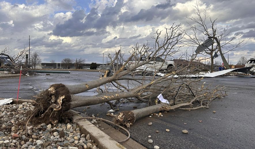 Damage is seen after a severe storm in Three Rivers, Mich., Friday, March 6, 2026. (Devin Anderson-Torrez/Jackson Citizen Patriot via AP)