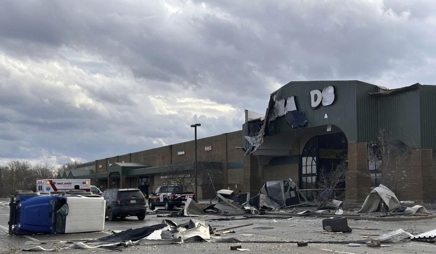 Damage is seen at Menard's store after a severe storm in Three Rivers, Mich., Friday, March 6, 2026. (Devin Anderson-Torrez/Jackson Citizen Patriot via AP)