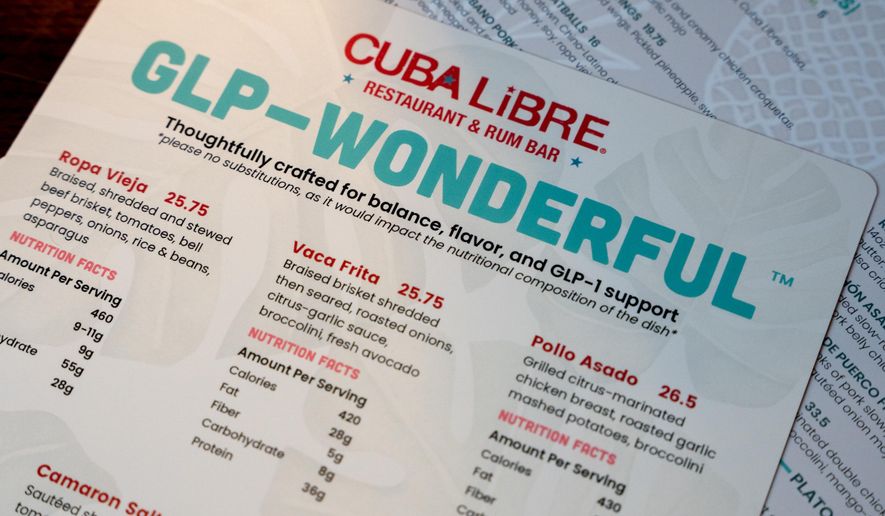 A modified menu catering to the dietary needs of people who use GLP-1 weight loss drugs is displayed at Cuba Libre Restaurant and Rum Bar in Philadelphia, on Friday, March 6, 2026. (AP Photo/Mingson Lau)