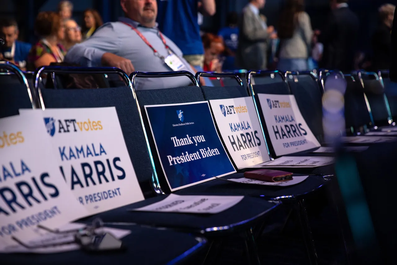 Signage supporting President Joe Biden and Vice President Kamala Harris is placed on seats at the American Federation of Teachers 88th National Convention on July 25, 2024 in Houston, Texas.