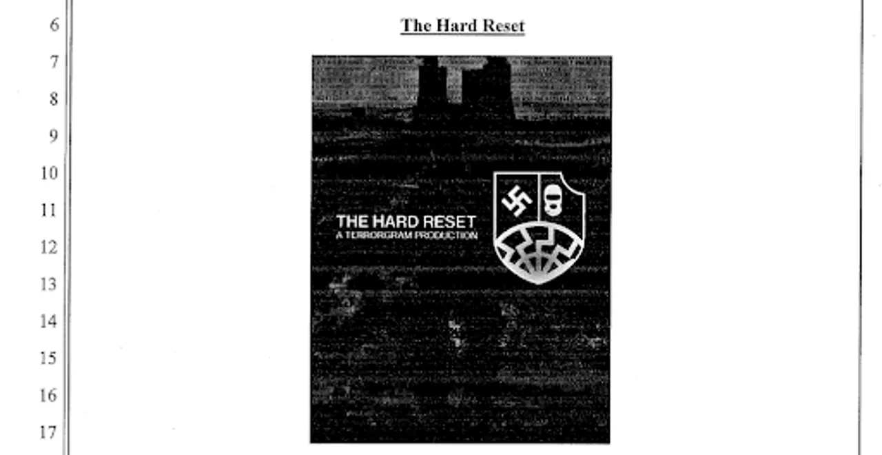 A federal indictment from Sept. 5, 2024, shows the neo-Nazi group Terrorgram's violent publication, "Hard Reset," which Nikita Casap cited in his own manifesto. (Image courtesy of the Department of Justice)