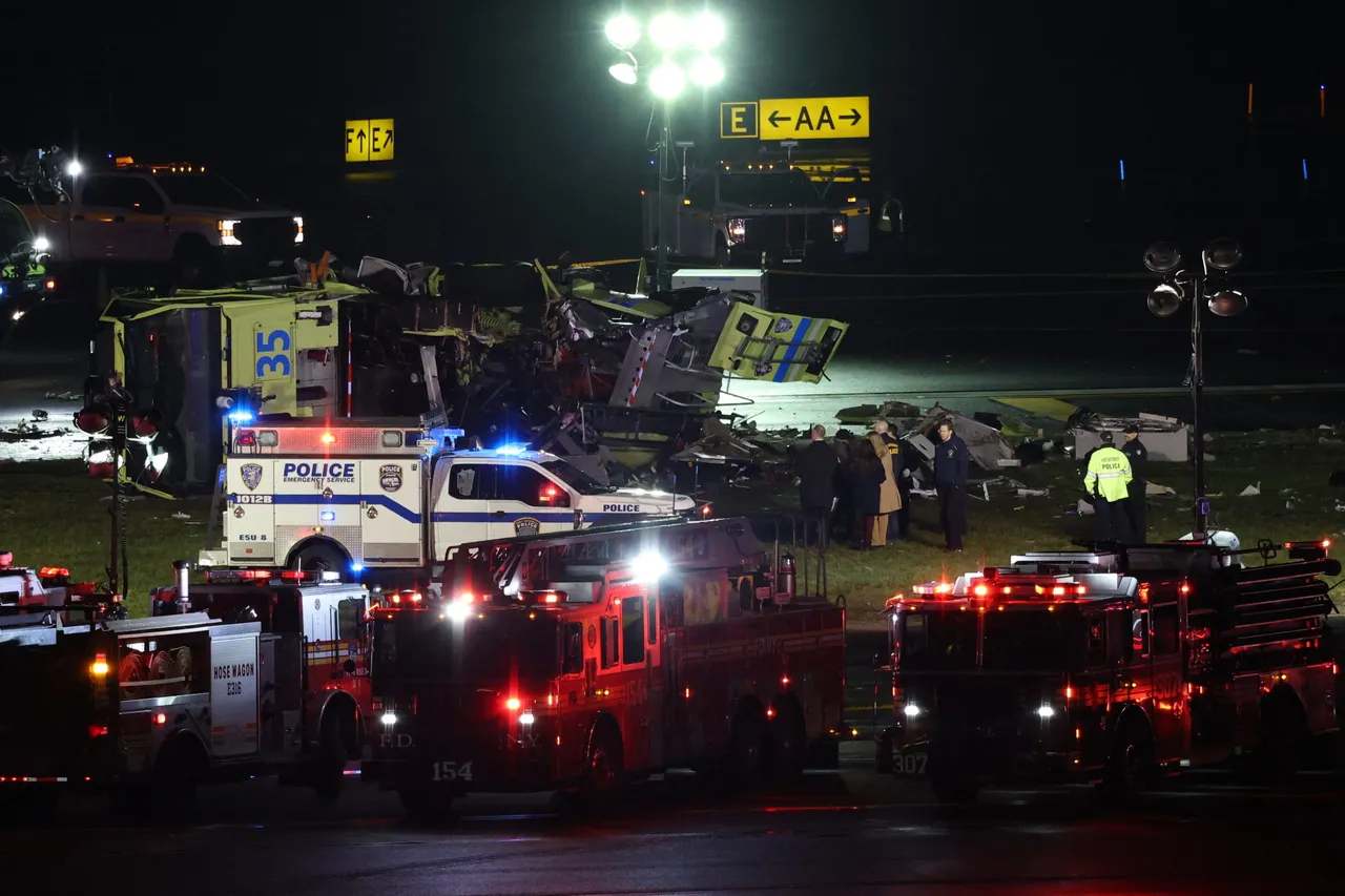 Emergency personnel respond to the Port Authority fire truck that was struck by a landing Air Canada Express plane at LaGuardia Airport in New York, on March 23, 2026. Air Canada Express flight AC8646 originated from Montreal and collided with the fire truck during landing. (Photo by ANGELA WEISS / AFP via Getty Images)