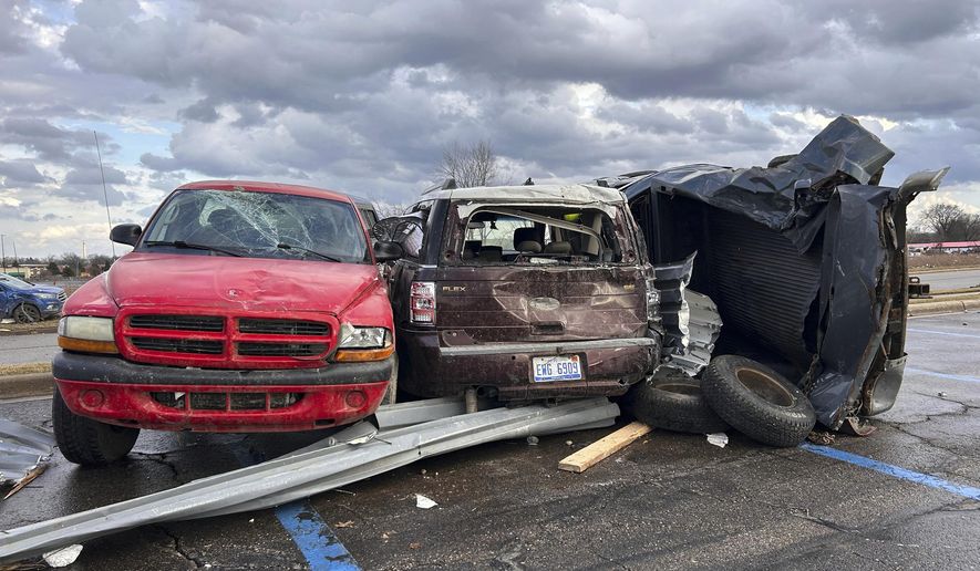 Damage is seen after a severe storm in Three Rivers, Mich., Friday, March 6, 2026. (Devin Anderson-Torrez/Jackson Citizen Patriot via AP)