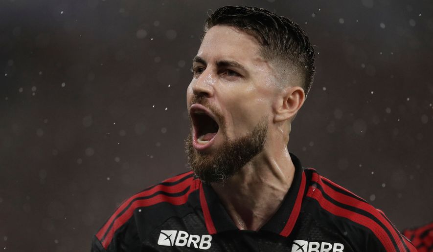 Jorginho of Brazil's Flamengo celebrates after scoring his side's second goal, from the penalty spot, during the Recopa Sudamericana second leg final soccer match against Argentina's Lanus in Rio de Janeiro, Thursday, Feb. 26, 2026. (AP Photo/Bruna Prado)