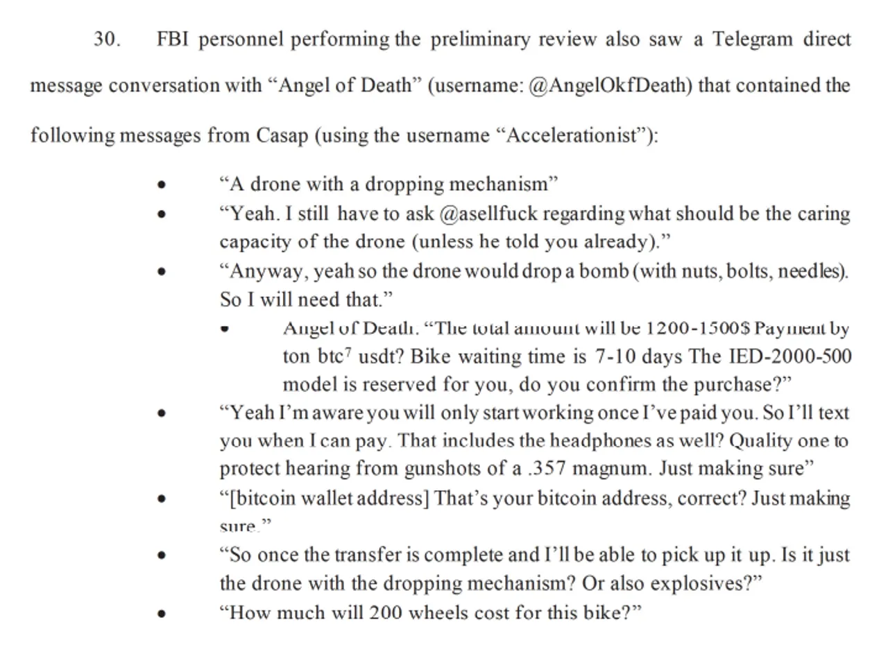 An FBI document filed March 18, 2025, shows a discussion between double-murderer Nikita Casap and an unidentified person about his ideas for a terrorist plot. (Image courtesy of the FBI)
