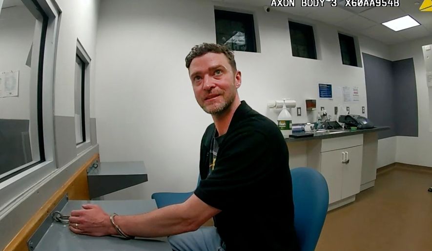 This police body cam still image provided by the Sag Harbor Police Department shows Justin Timberlake after his arrest by police in Sag Harbor, N.Y. on June 18, 2024. (Sag Harbor Police Department via AP)