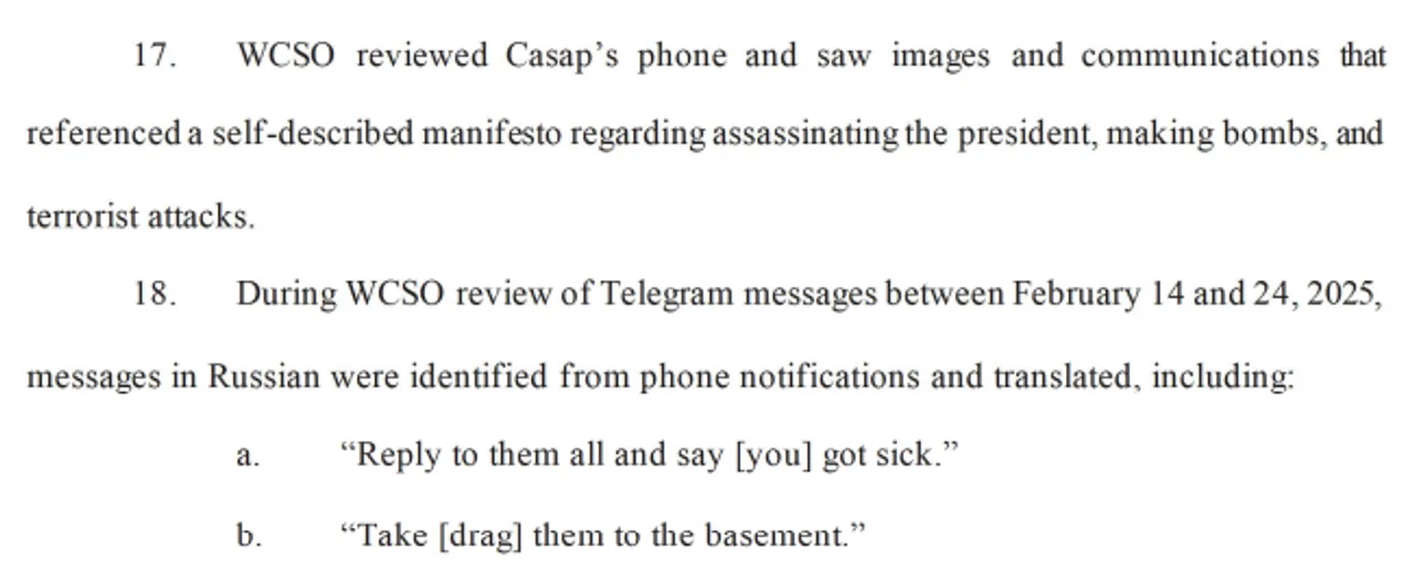 An FBI affidavit from March 18, 2025, lays out what the Waukesha County Sheriff's Office found on Nikita Casap's devices. (Image courtesy of the Department of Justice)