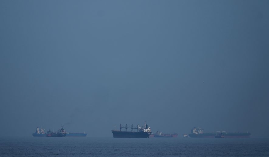 Oil tankers and cargo ships line up in the Strait of Hormuz as seen from Khor Fakkan, United Arab Emirates, Wednesday, March 11, 2026. (AP Photo/Altaf Qadri)