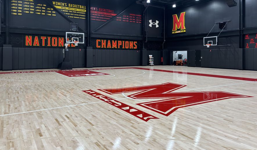 The practice court at the University of Maryland's new Barry P. Gossett Basketball Performance Center in College Park, Maryland. The 45,000 square foot building cost $52 million and took just more than two years to build. (George Gerbo/The Washington Times)