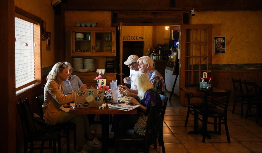 Members of the Goochland Democratic Committee Jen Strozier, Doug Mock, Chris Svoboda, Richard Grebe and Judi Sheppard hold a lunch meeting on future get-out-the-vote efforts for the Virginia redistricting referendum, Thursday, April 2, 2026, at GG's Pizza in Maiden, Va. (AP Photo/Julia Demaree Nikhinson)