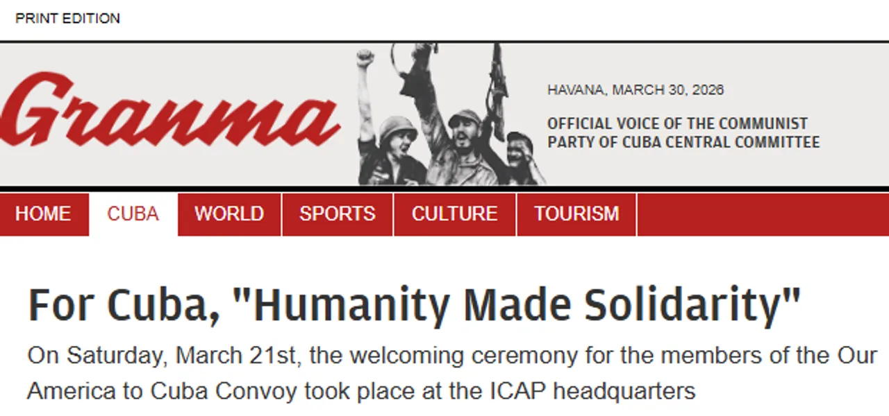 A headline in the Cuban government-linked outlet Granma praises the Nuestra América Convoy in a post on March 23, 2026. (Screenshot/Granma)