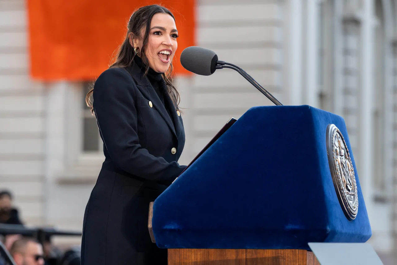 Represenative Alexandria Ocasio-Cortez addresses the crowd at the 2026 New York City Inauguration outside of City Hall in New York City, New York, United States on January 1, 2026. (Photo by Jason Alpert-Wisnia / Hans Lucas / AFP via Getty Images)