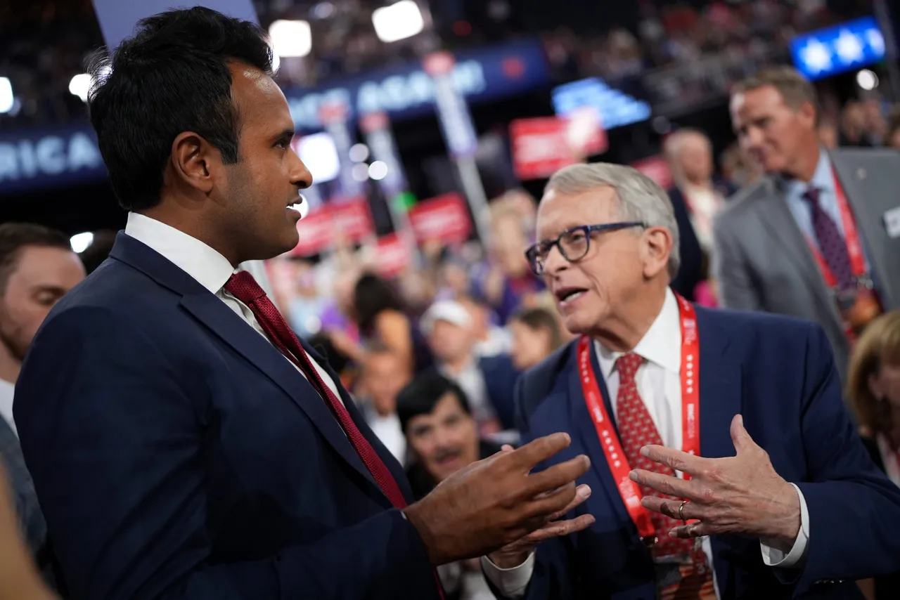 MILWAUKEE, WISCONSIN - JULY 17: Former Presidential candidate Vivek Ramaswamy (L) speaks with Ohio Gov. Mike DeWine on the third day of the Republican National Convention at the Fiserv Forum on July 17, 2024 in Milwaukee, Wisconsin. (Photo by Andrew Harnik/Getty Images)